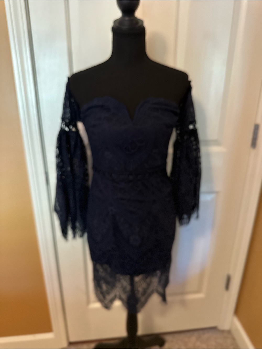 Off-Shoulder Navy Lace Mini Dress with Sheer Bell Sleeves